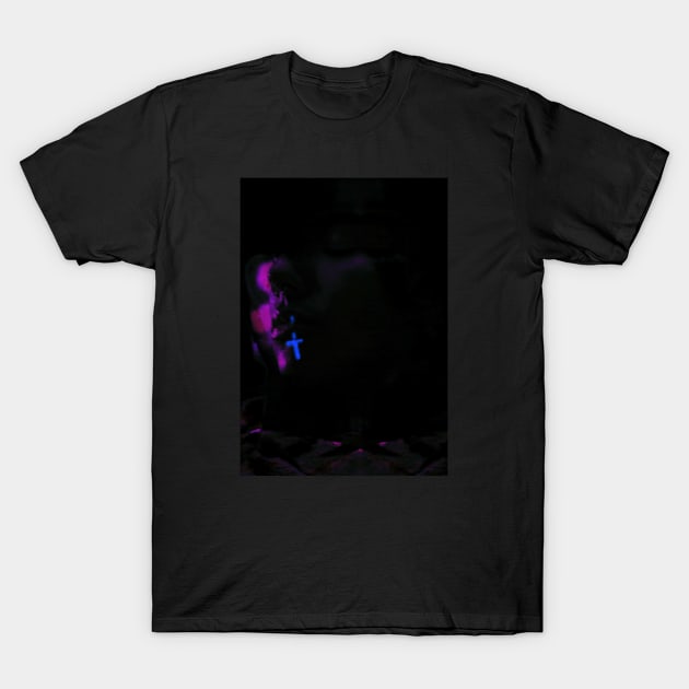 Special processing. Real Jesus was more dark and brutal, but yet so kind guy. Guy with little glowing cross on lip. Violet and blue. Brighter. T-Shirt by 234TeeUser234